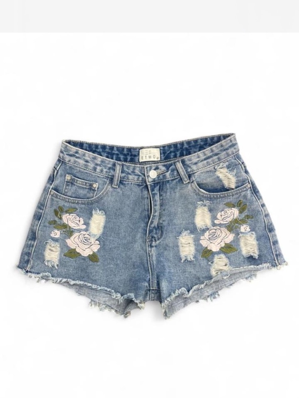Etwo Embroidered Floral Distressed Denim Shorts - Blue size medium